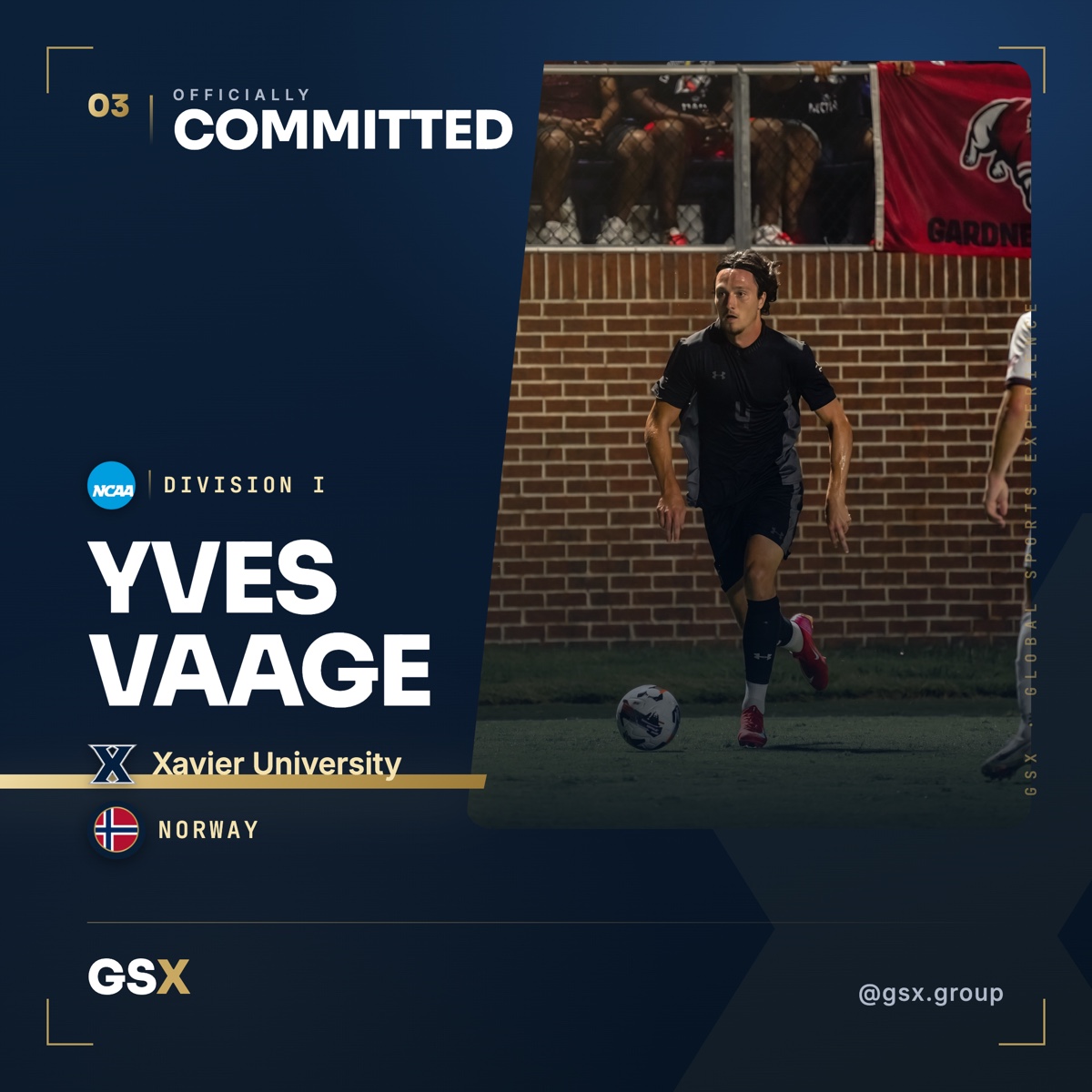 GSX signing banner — Yves Vaage, Xavier University (NCAA Division I)